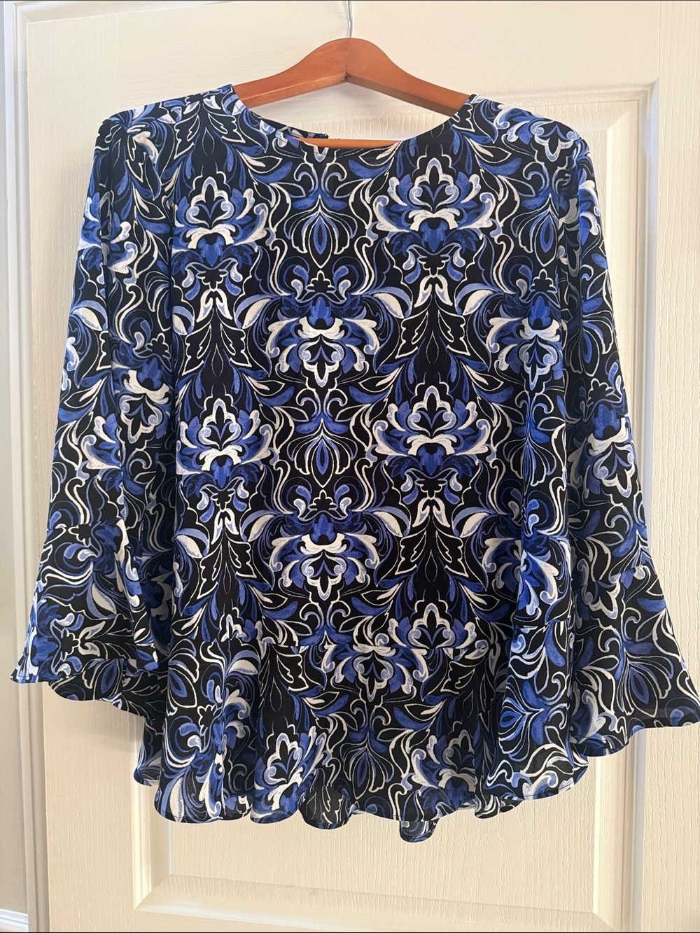 Charter Club Blue and Black Floral-Patterned Ruffle Hem Blouse